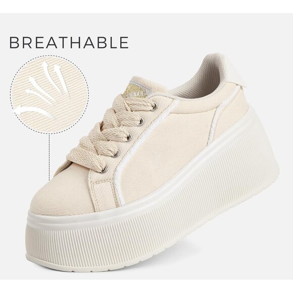 Lucky Step Women Beige Platform Low Top Classic Wedge Retro Canvas Sneakers - Picture 2 of 9